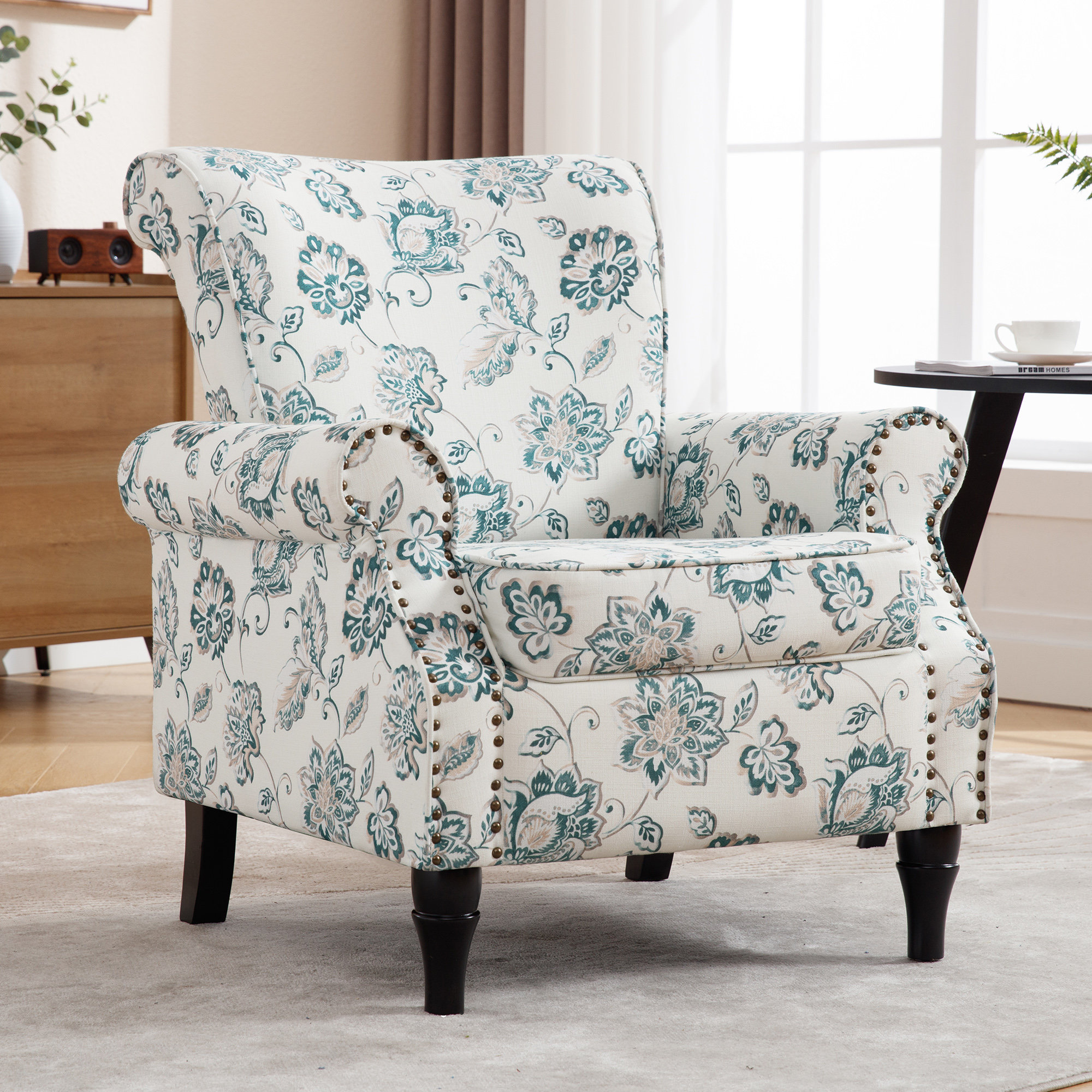 Eterniti 33 W Floral Accent Chair with Nailhead Trim Wood Legs Removable Cushion House of Hampton Color Yellow Green